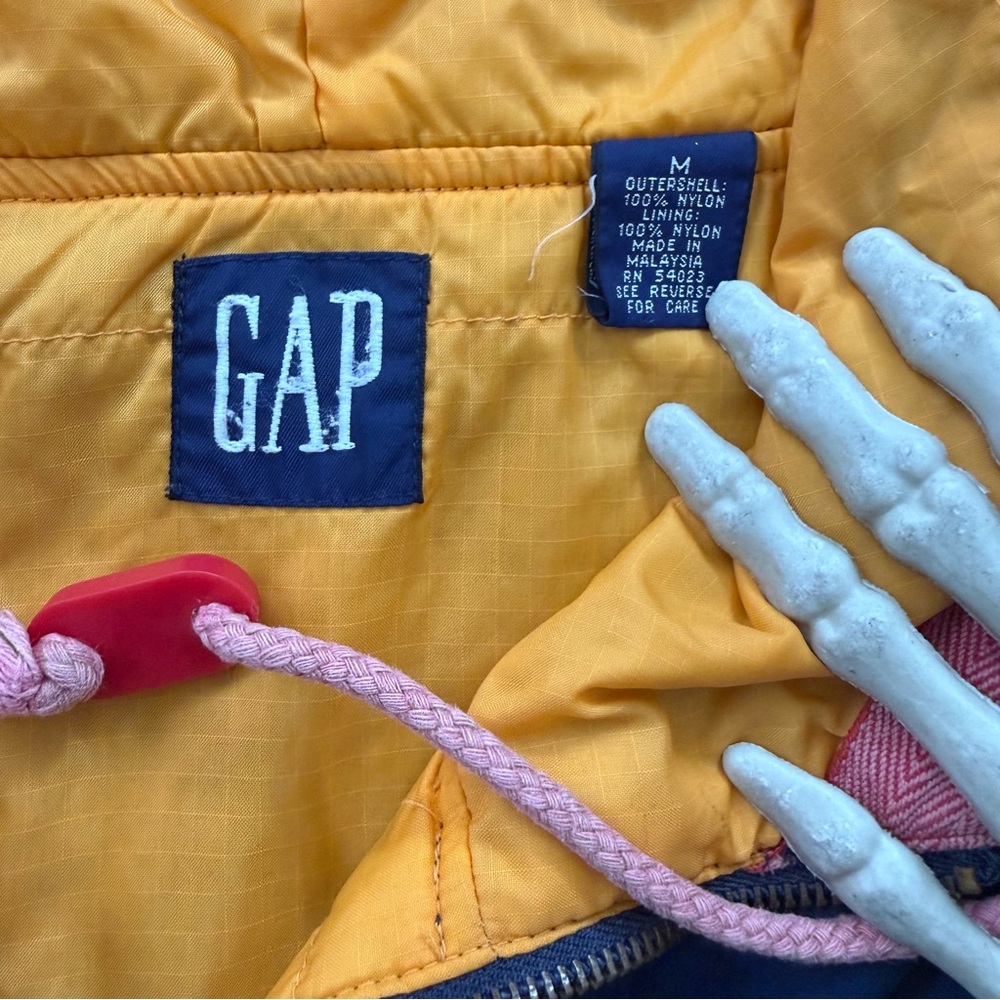 💀 SOLD 💀 Vintage 90s Hooded Anorak Nylon Windbreaker Jacket Blue & Yellow Gap M - Picture 8 of 10